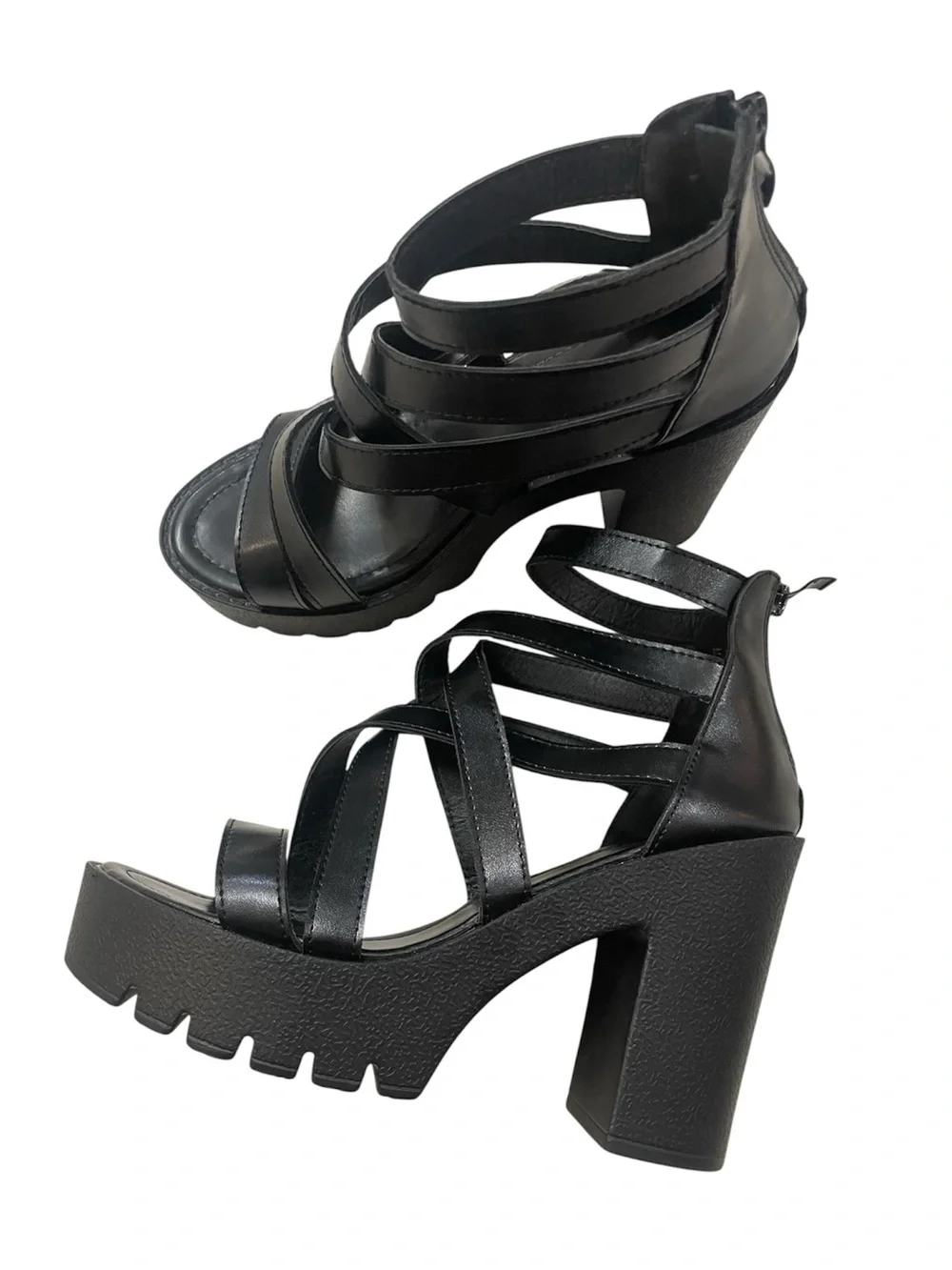 Trendy Black Strappy Platform Block Heel Sandals